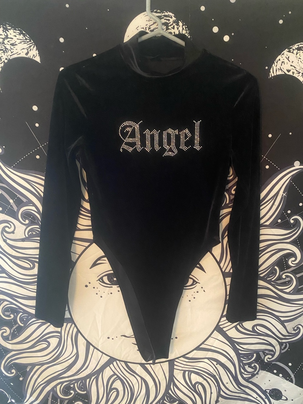 Black Faux Velvet “Angel” Rhinestone Text Y2K Inspired Sexy Rave Bodysuit